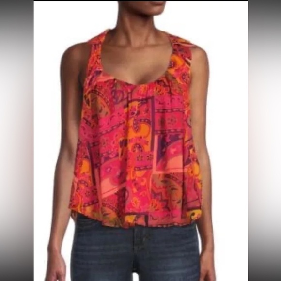 Free People Floral Paisley Top Sleeveless Large Pink Flowy Lined Boxy P - Picture 3 of 9
